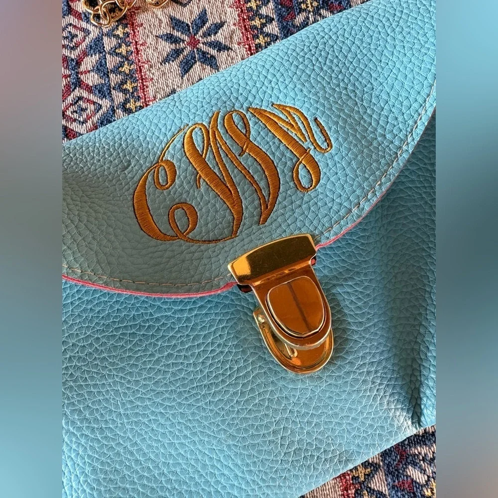 Light Blue Monogrammed Marley Lilly Elegant Blue Removable Chain Clutch Purse